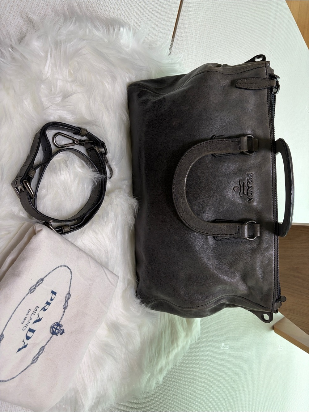 Authentic PRADA Vintage Gray Leather 2-Way Bag